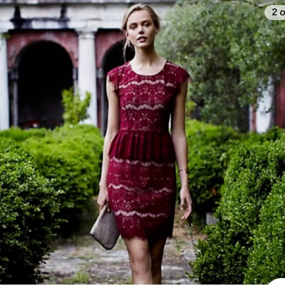 Anthropologie Elsa Peplum Dress Burgundy Lace Size SMALL